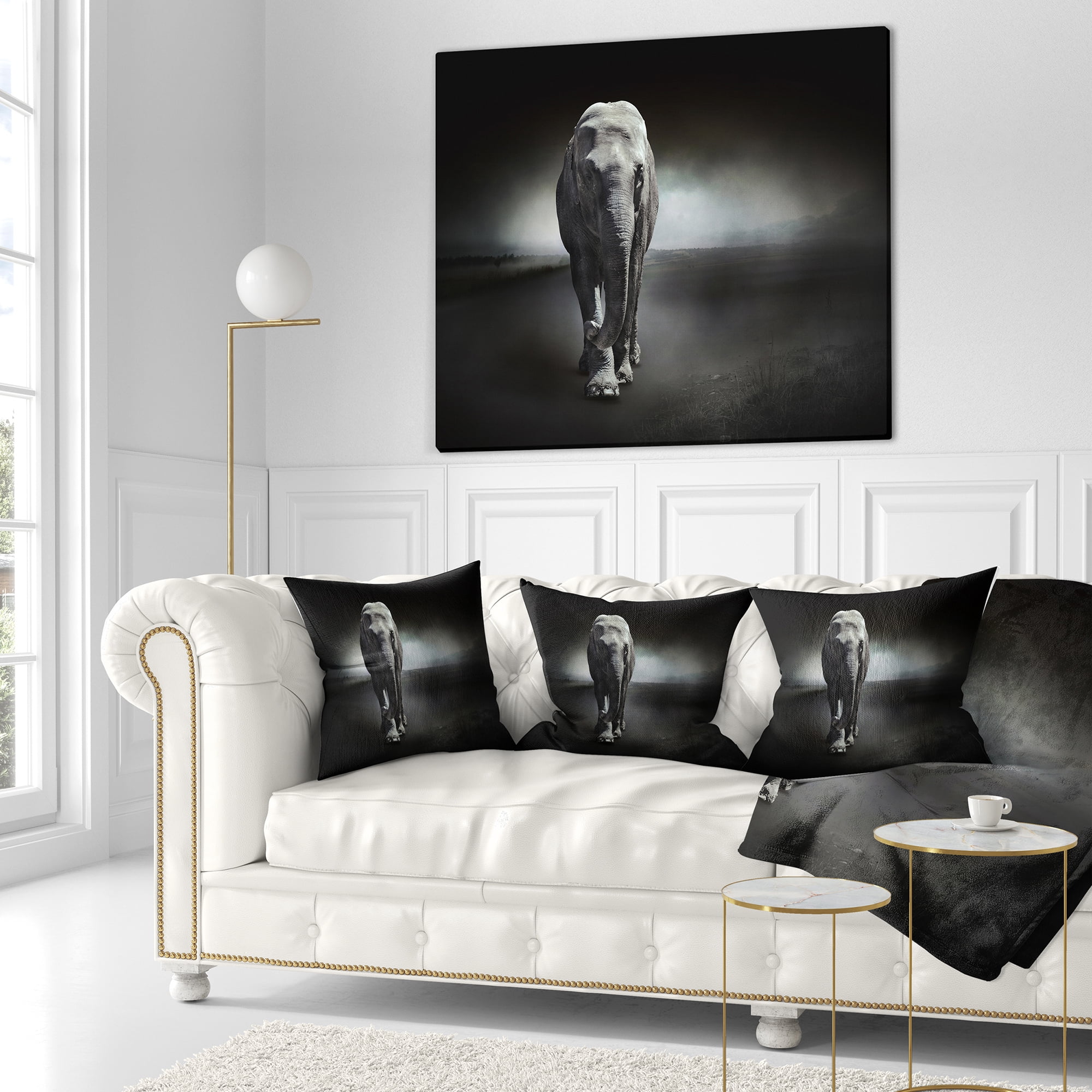 Designart Large Elephant on Black - Animal Throw Pillow - 16x16