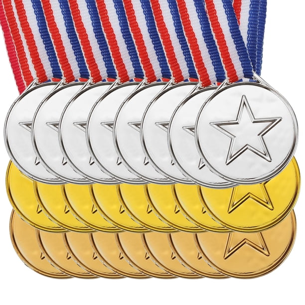 Medallas de premio mini de plástico doradas, plateadas y de bronce de 1.5" de Uxcell con cinta para juegos y deportes, paquete de 24