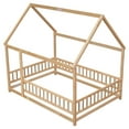 thumbnail image 3 of Full Size Floor Wooden Bed, Montessori Bed with House Roof Design and Fence Guardrails, Playhouse Bed for Kids, Nartural, 3 of 9