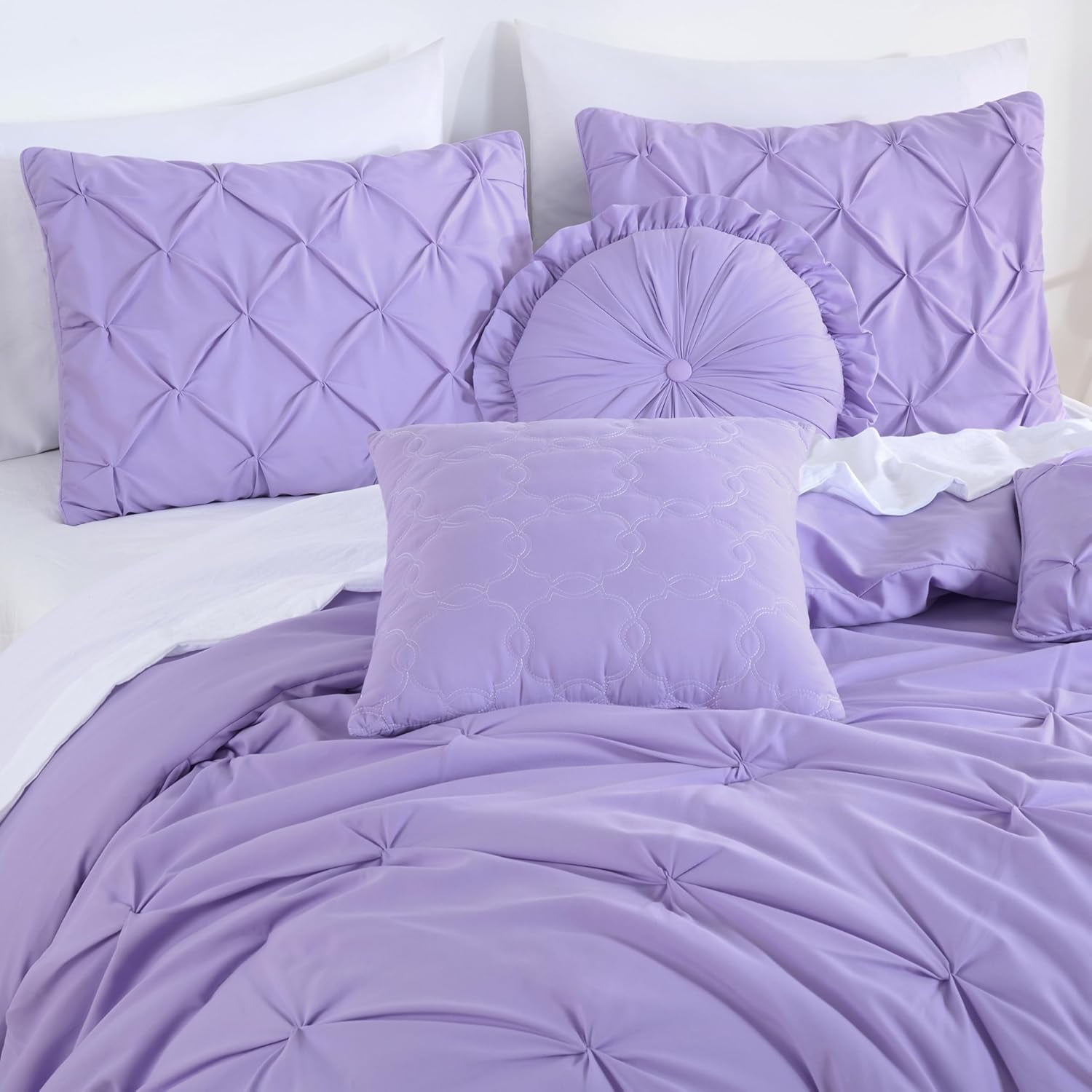 Chezmoi Collection Sydney 7-Piece Pinch Pleat Comforter Set, Lightweight Pintuck Bedding for All Season, King, Lavender