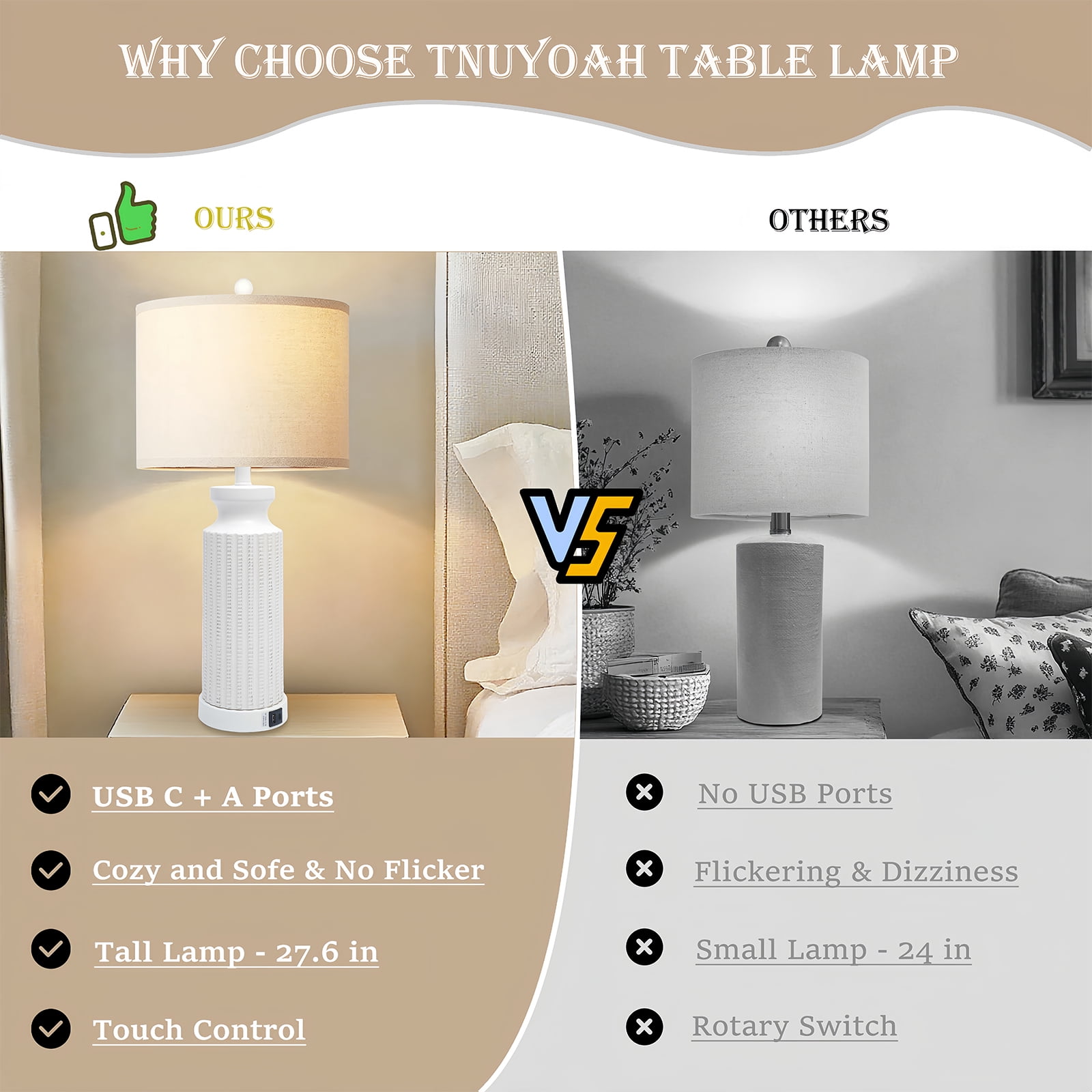 Tnuyoah Modern 28" Table Lamps Set of 2 with USB C+A Ports - 3-Way Dimmable Bedside Touch Control Lamp, Farmhouse Lamp with Beige Linen Shade for Bedroom, Living Room & Home Office