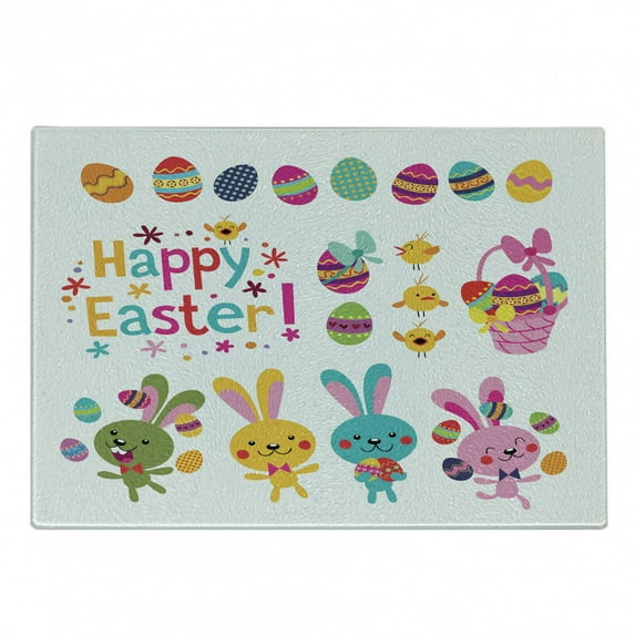Easter Cutting Board, Spring Season Holiday Themed Colorful Cartoon Bunnies Chicks and Eggs Illustration, Decorative Tempered Glass Cutting and Serving Board, Small Size, Multicolor, by Ambesonne
