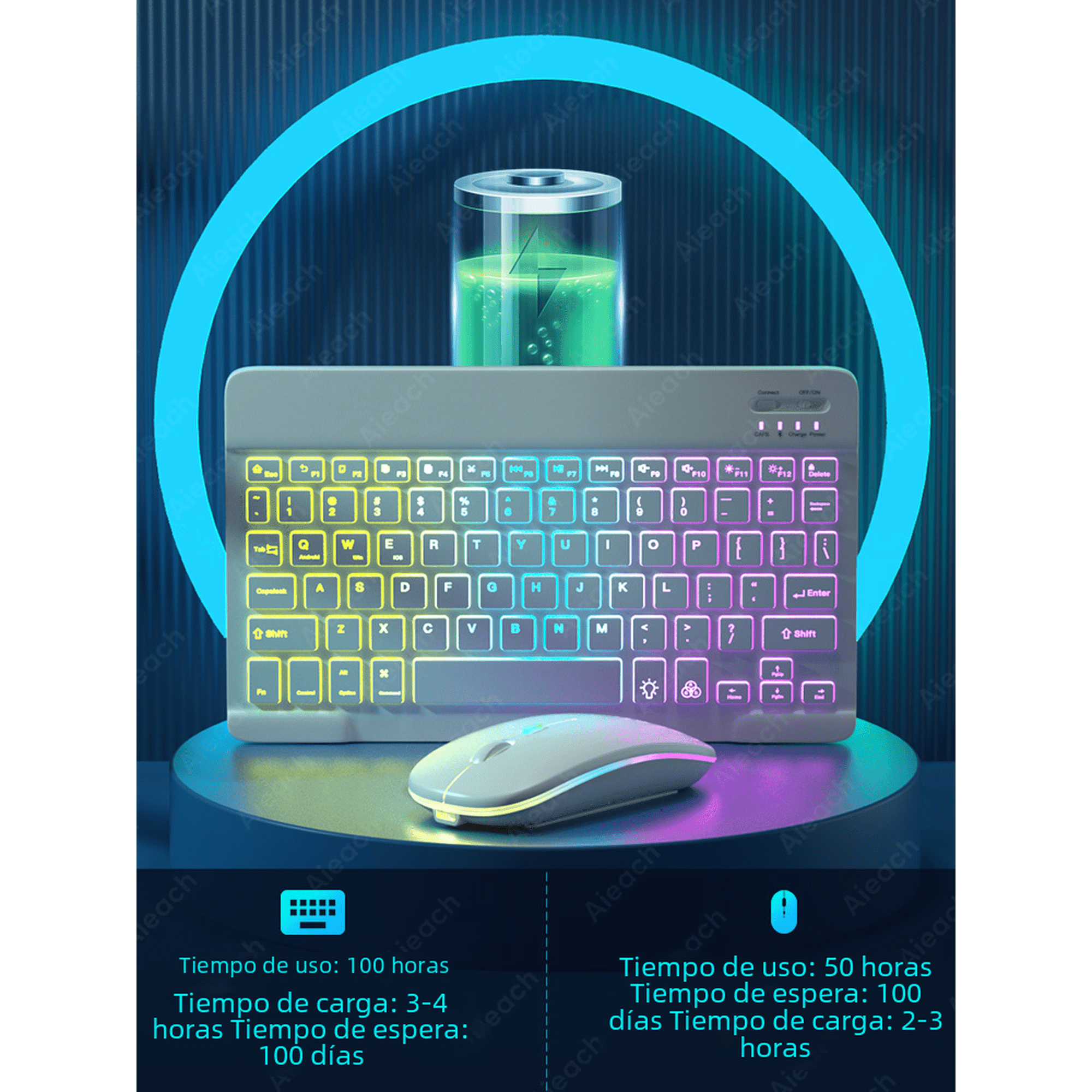 Wireless Bluetooth Keyboard for Tablet Android iOS Windows Mouse Compatible Rainbow Backlit Phone iPad Black