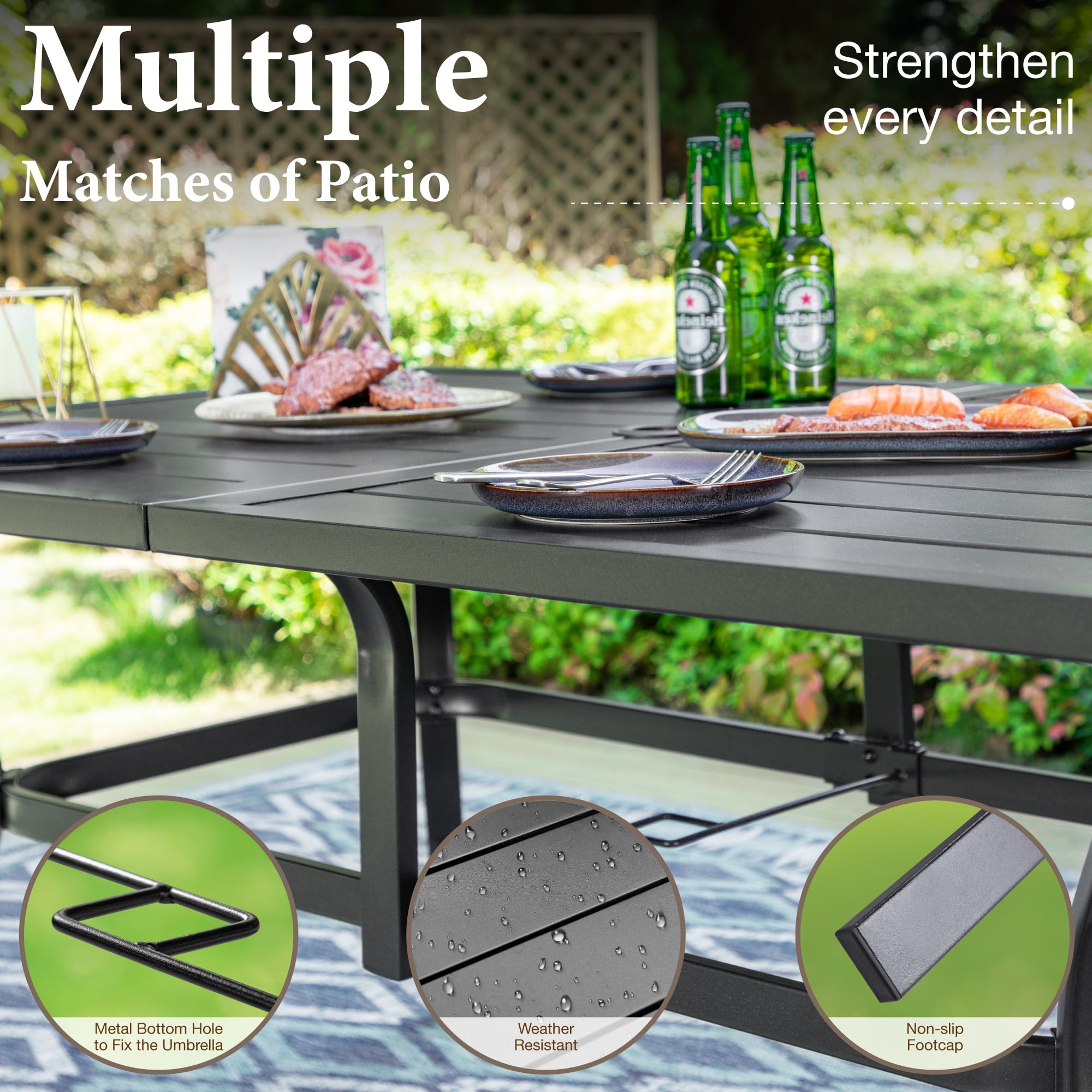 MF Studio 8-Piece Outdoor Patio Set with 13 ft Double-Sided Umbrella, 6 Wicker Cushioned Chairs & Rectangular Table, Black, Brown & Beige