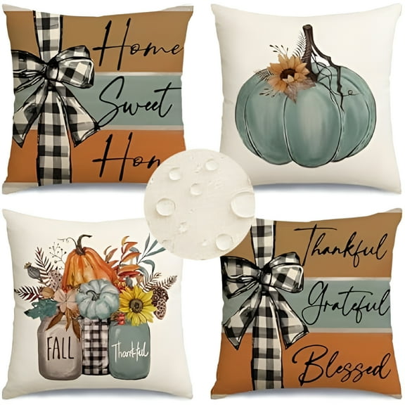 LAMIRO Fall Outdoor Pillows Waterproof 18x18" Set of 4 Thanksgiving Decorations for Autumn Home Sweet Home Thankful Grateful Blessed Pumpkin Decorative Throw Pillowcases for Patio Couch