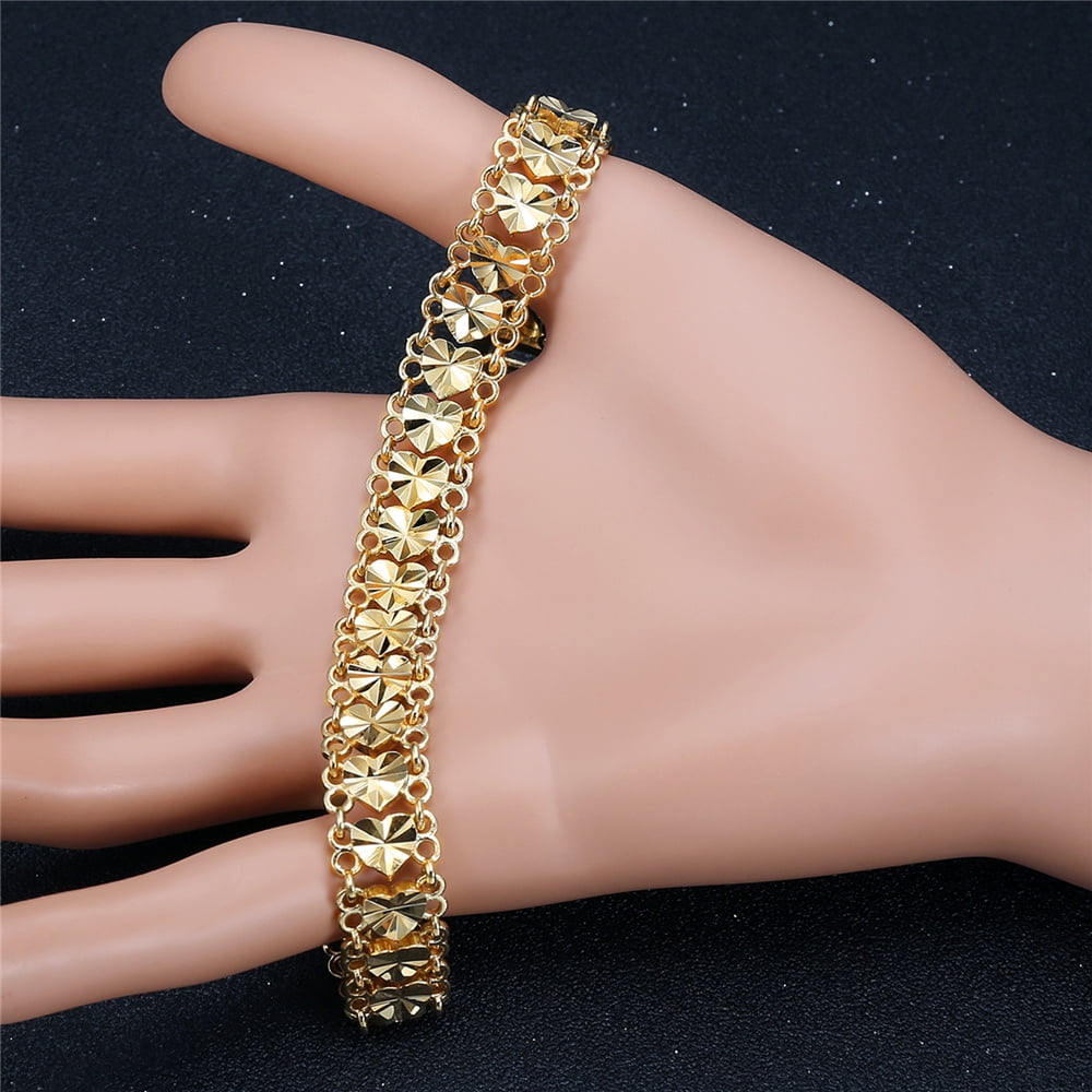 12MM Wide Chunky Chain Bracelet Braslet Trendy 14K Yellow Gold Heart Bracelets for Women Men Wristband Jewelry