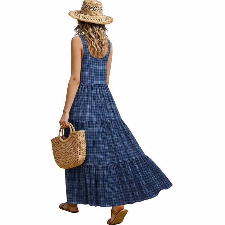 blue plaid dress plus size Uscallm Women Plus Size Sleeveless Round Neck Flowy Plaid Midi Maxi Dress  Boho Beach Vacation Summer Sundress Outfits, Blue M