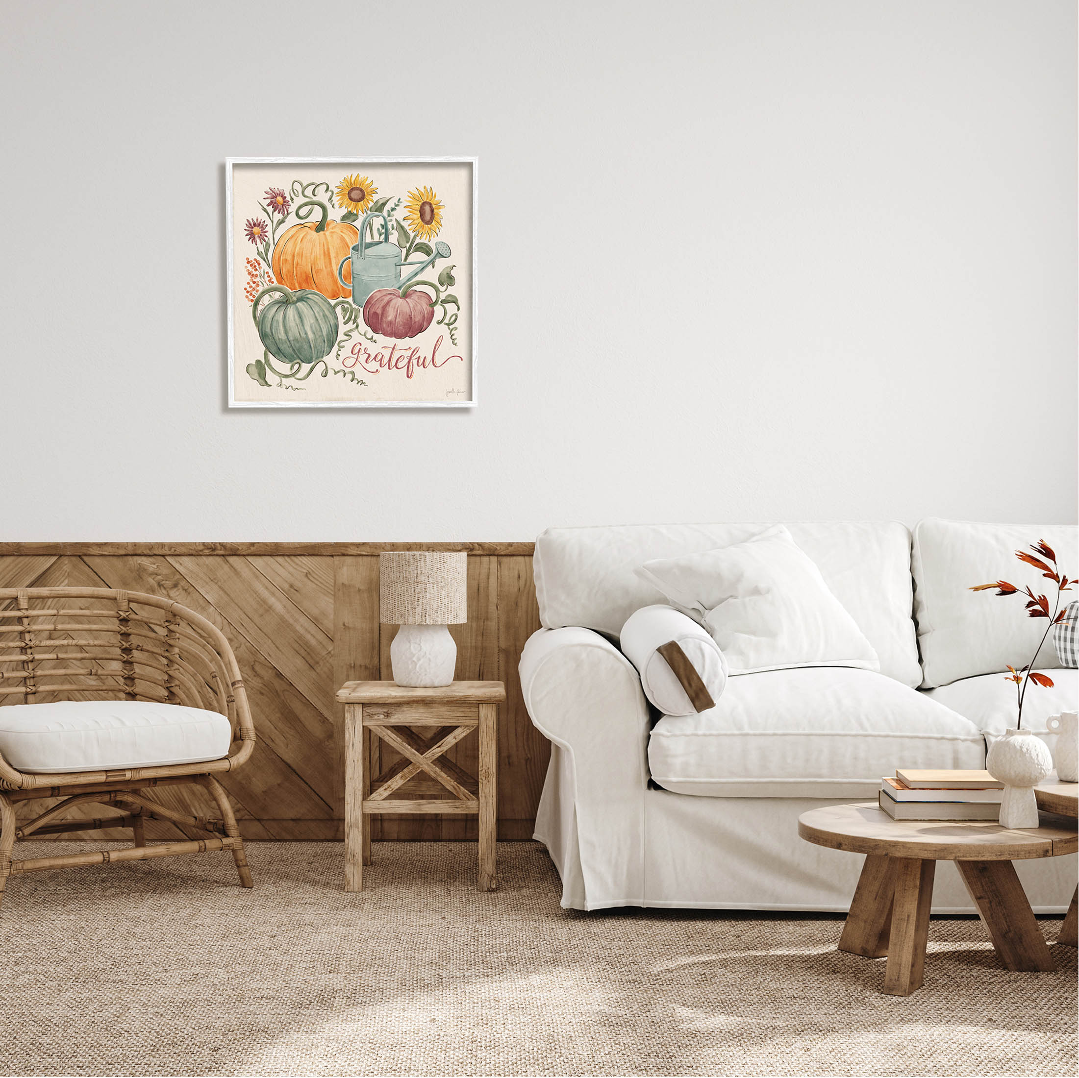 Stupell Industries Grateful Floral Fall Pumpkins Graphic Art White Framed Art Print Wall Art, Design by Janelle Penner