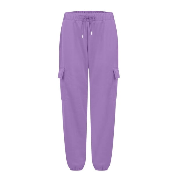 Mohiass Women s High Waisted Cargo Sweatpants Cotton Wide Leg Baggy Joggers Pants with Pockets Light Purple L Walmart Business Supplies