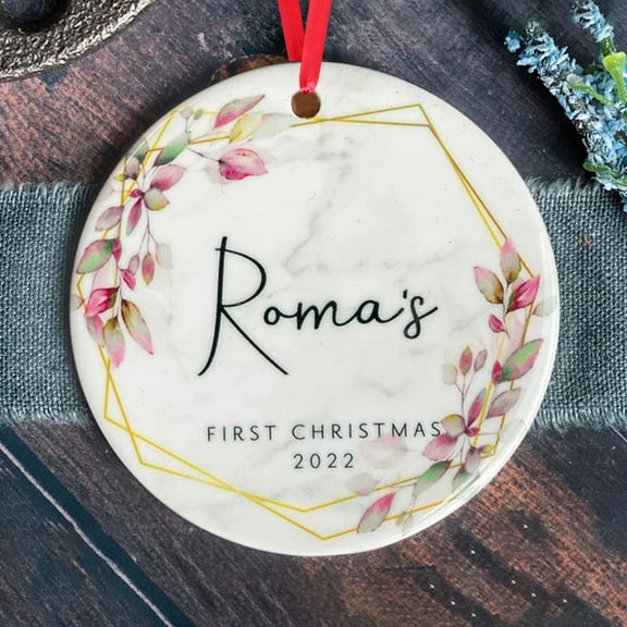 Baby's First Christmas Ornament - Personalized Custom Baby Name for Girl - Geometric Greenery