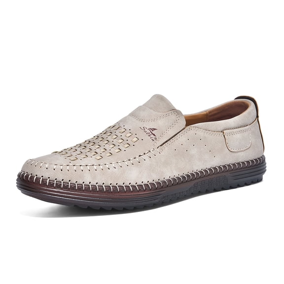 Men's Breathable Woven Slip-On Loafers, Casual Leather Shoes with Hand-Stitched Sole for Summer, Business Casual, and Everyday Wear