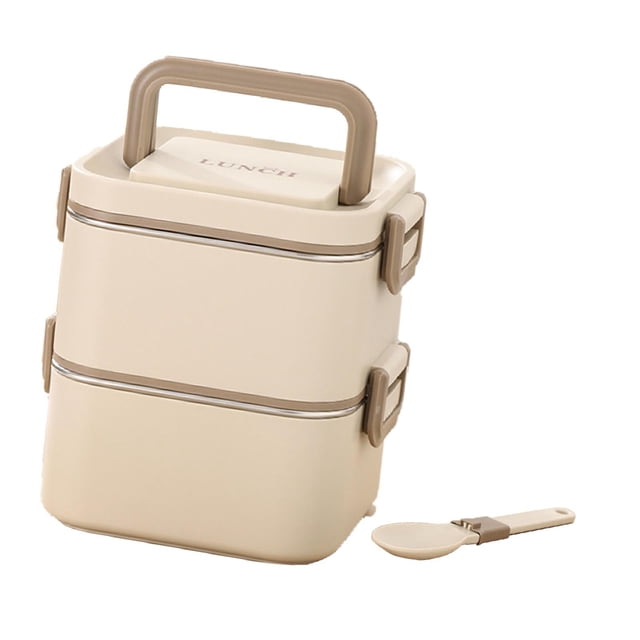 veasfak Adult Lunch Box Microwave Lightweight Reusable Bento Box for Work Dining Out 2 Layers Beige