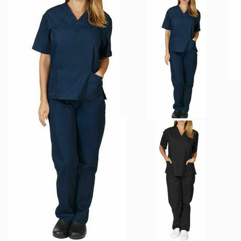 Solid Color Work Clothes Hospital Surgeon Top Pants Sets Isolation Gown Doctor Nursing Scrubs Uniform NAVY BLUE M