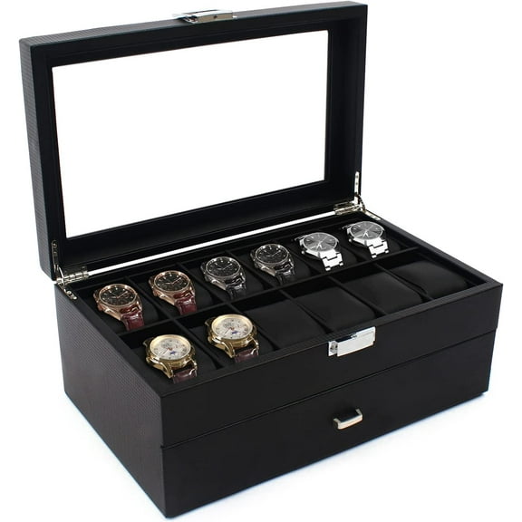 24 Slot Plastic Watch Storage Box Display Case Orgarnizer with Glass Top for Men Black