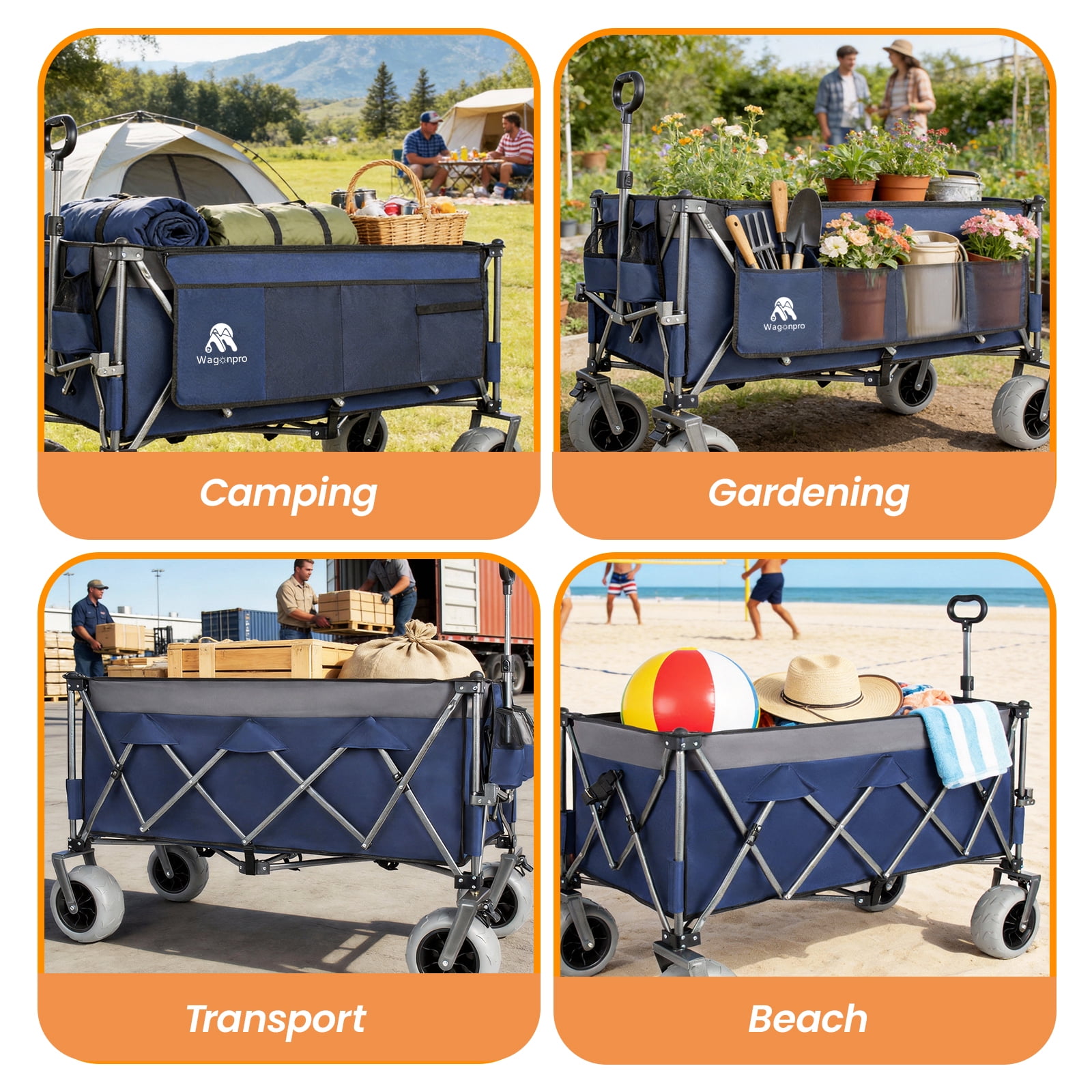 52-inch Extended Foldable Utility Wagon, Dark Blue & Gray, 560lbs Heavy-Duty Wagon with Patented Frame, 1:6 Fold Design, 9"×4" All-Terrain Wheels with Brakes for Outdoor Use
