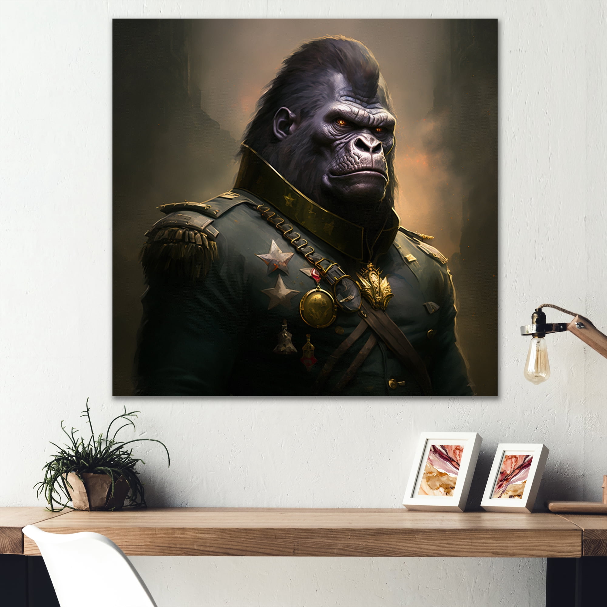 Designart Gorilla In Military Uniform Portrait Canvas Wall Art