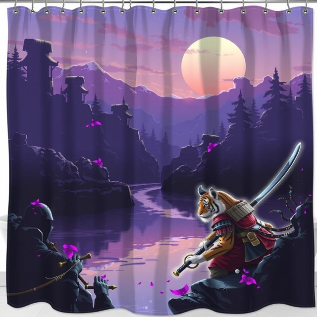 Mystical Purple and Pink Landscape Shower Curtain with Tiger and Moon