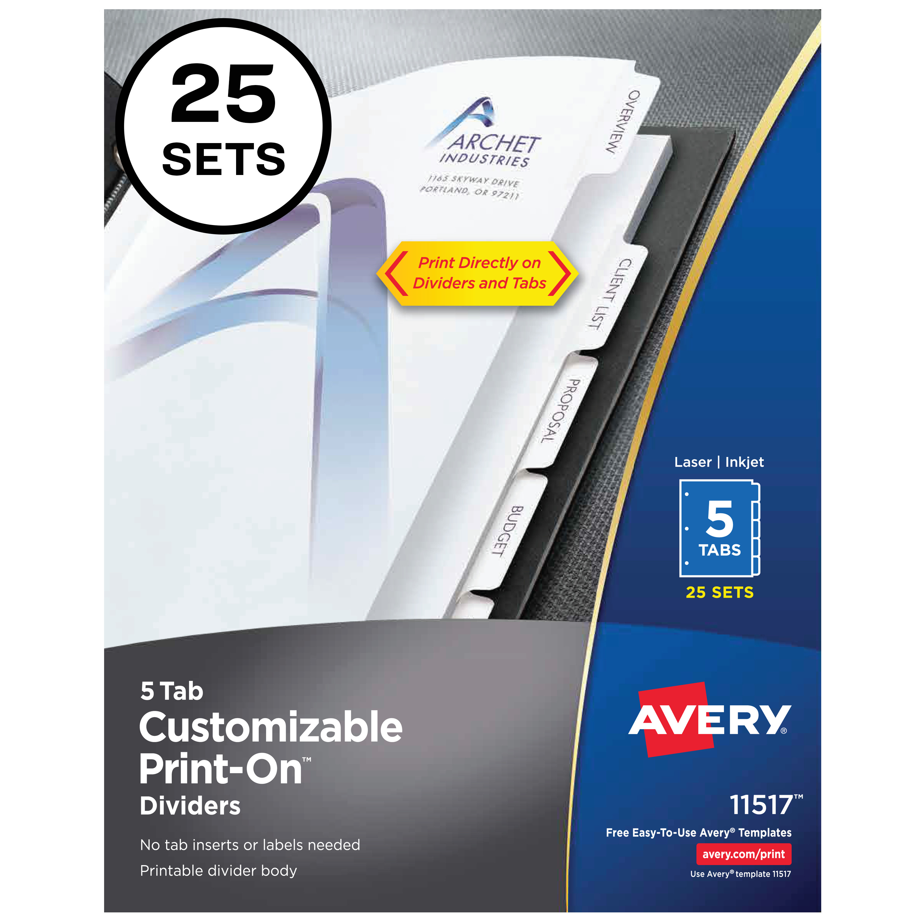 Avery Customizable PrintOn Dividers, 5 Tabs, 25 Sets (11517) Walmart