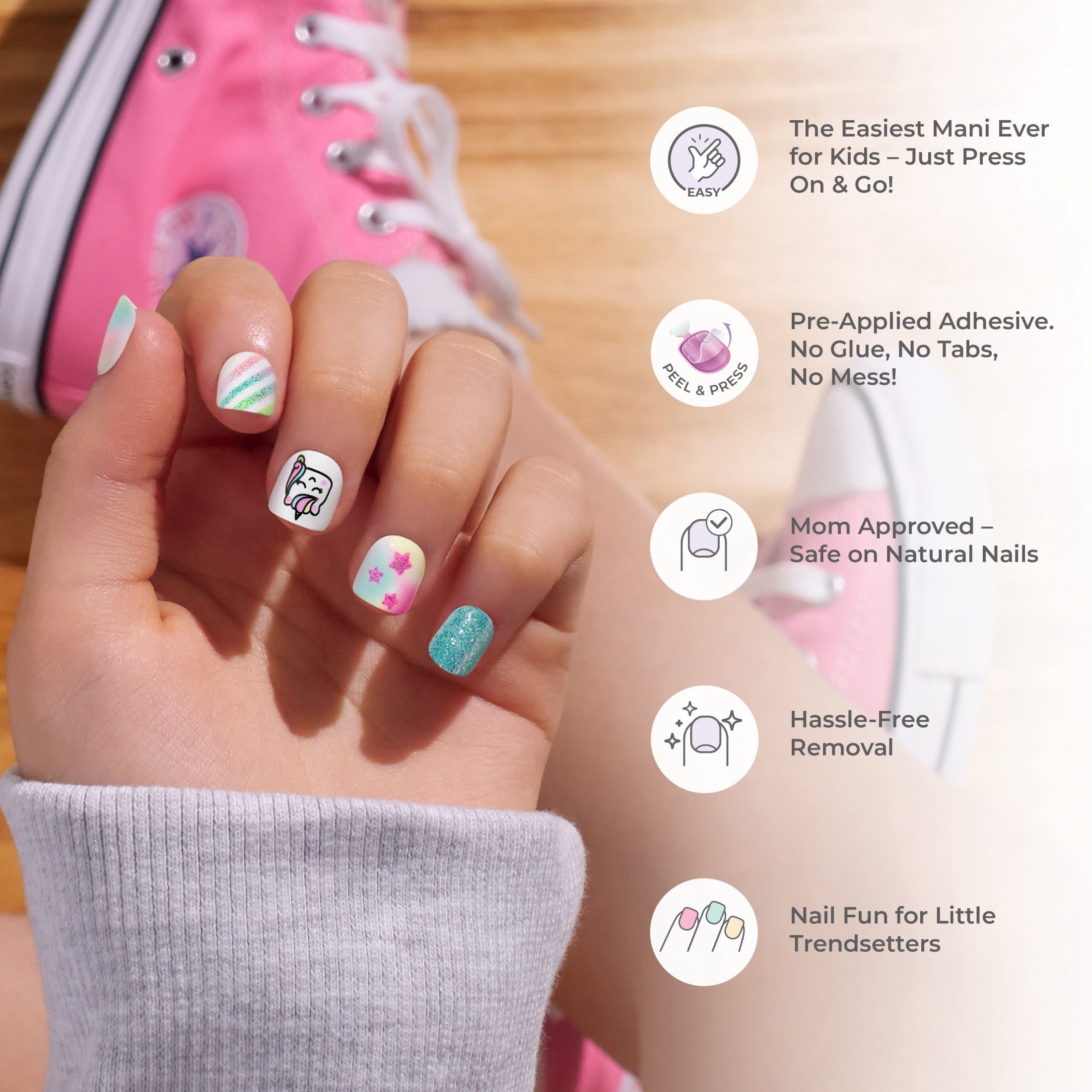 (2 pack) Impress Mini Press On Nails for Kids, ‘Cuddles’, Pink, Squoval, 20 Count