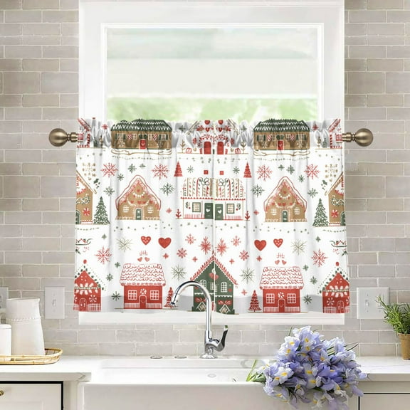 Yayeee Kitchen Curtains Tier Pair Light Filtering 27"x36" Rod Pocket Short Cafe Window Panel, Red Nordic Christmas House