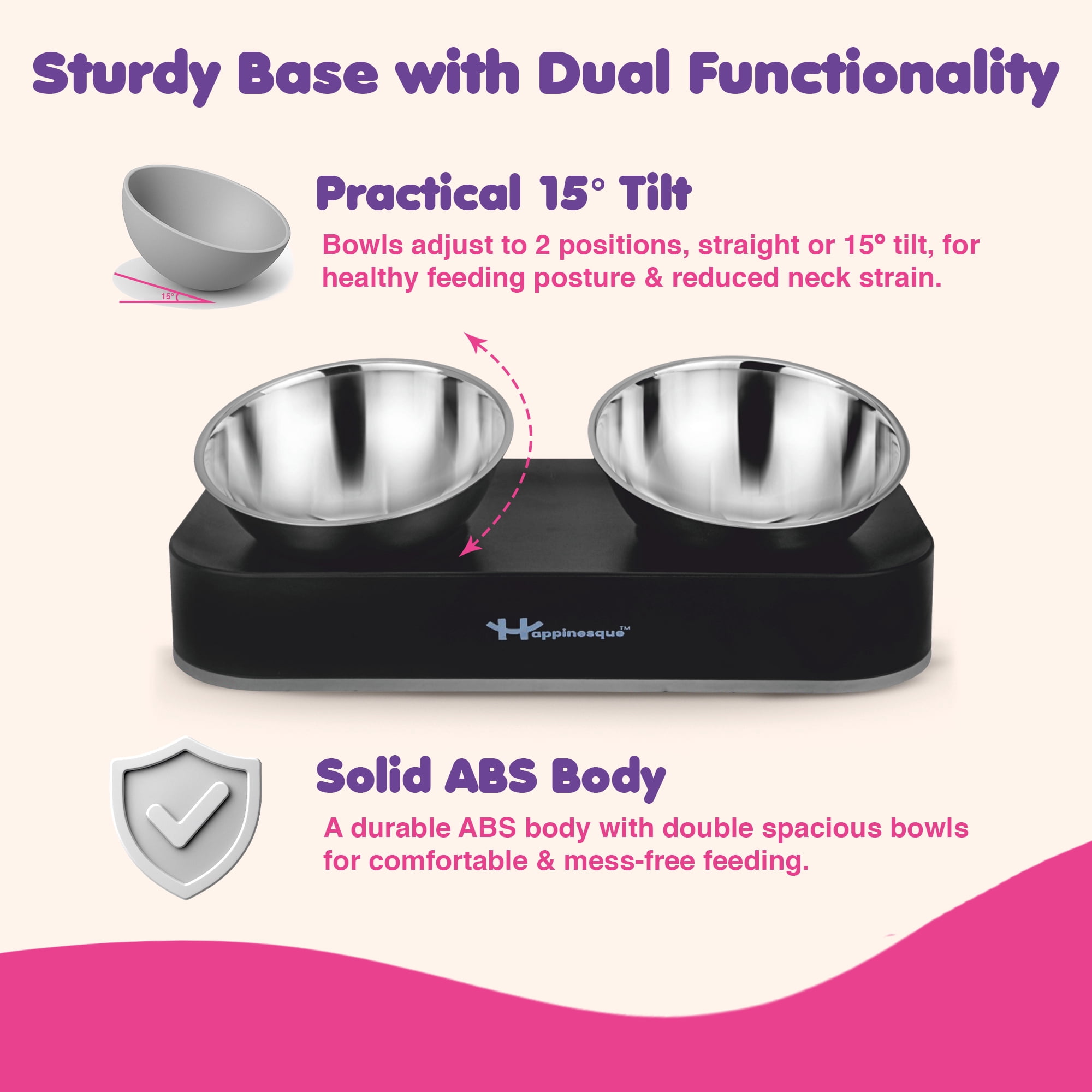 Happinesque 2Pc Elevated & Tilted Stainless Steel Dog & Cat Bowls, Non Slip (2x27 fl oz - 3.5 Cups)