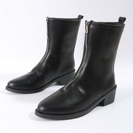 

Akiihool Womens Work Boots Slip On Womens Pointed Toe Stacked Mid Heel Mid Calf Low Heeled Short Booties (Black 7.5)