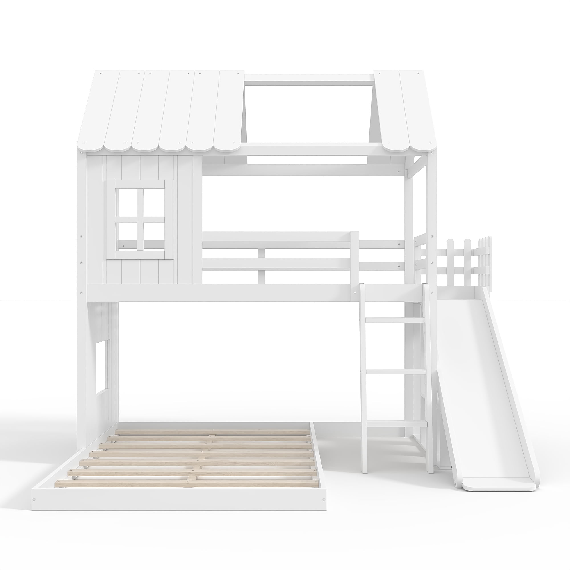 Leumius Twin over Full House Bunk Bed with Ladders and Slides, House Floor Bunk Bed Frame with Storage Shelves and Wardrobe, Playhouse Design for Boys Girls White
