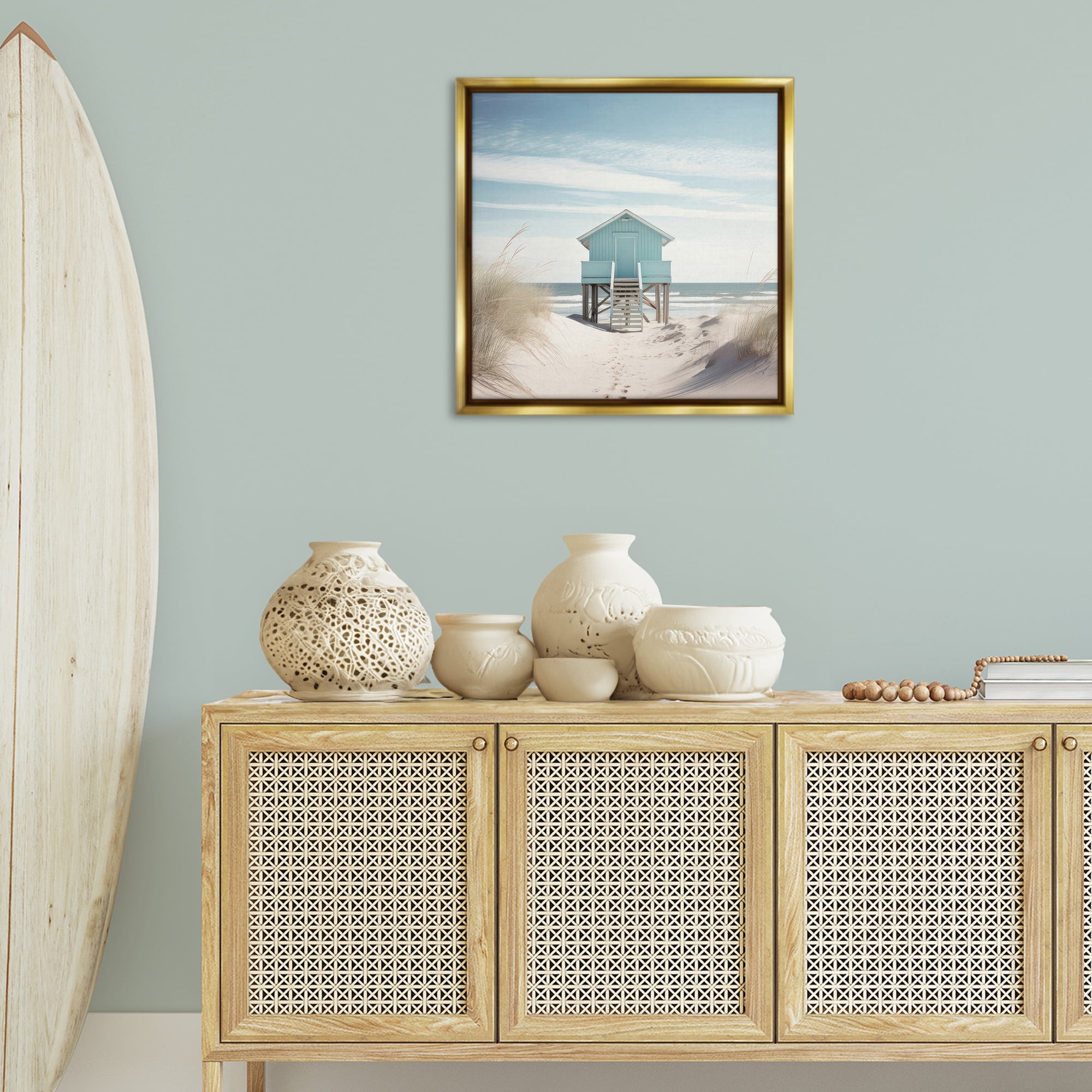 Stupell Industries Coastal Lookout Hut Nautical & Beach Painting Gold Floater Framed Canvas Art Print Wall Art, 25 x 25