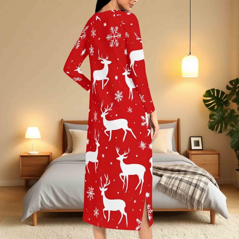 Tnhcen Women's Christmas Sleepdress with Elk Snowflake Print Cozy Holiday Loungewear Long Sleeve Raglan Nightgown with Zipper & Pockets (Sizes S-2XL)