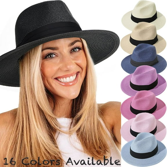 Panama Straw Hats for Women Men Summer Beach Sun Hat Wide Brim Fedora Cap UPF50
