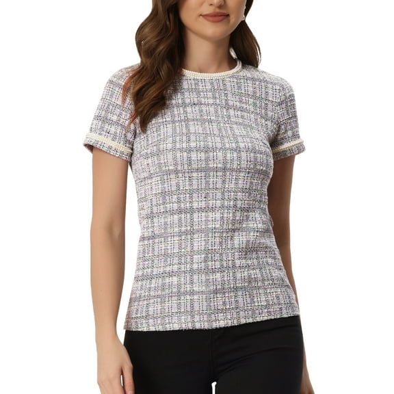 INSPIRE CHIC Women's Casual Round Neck Pearl Decoration Short Sleeve Tweed Top