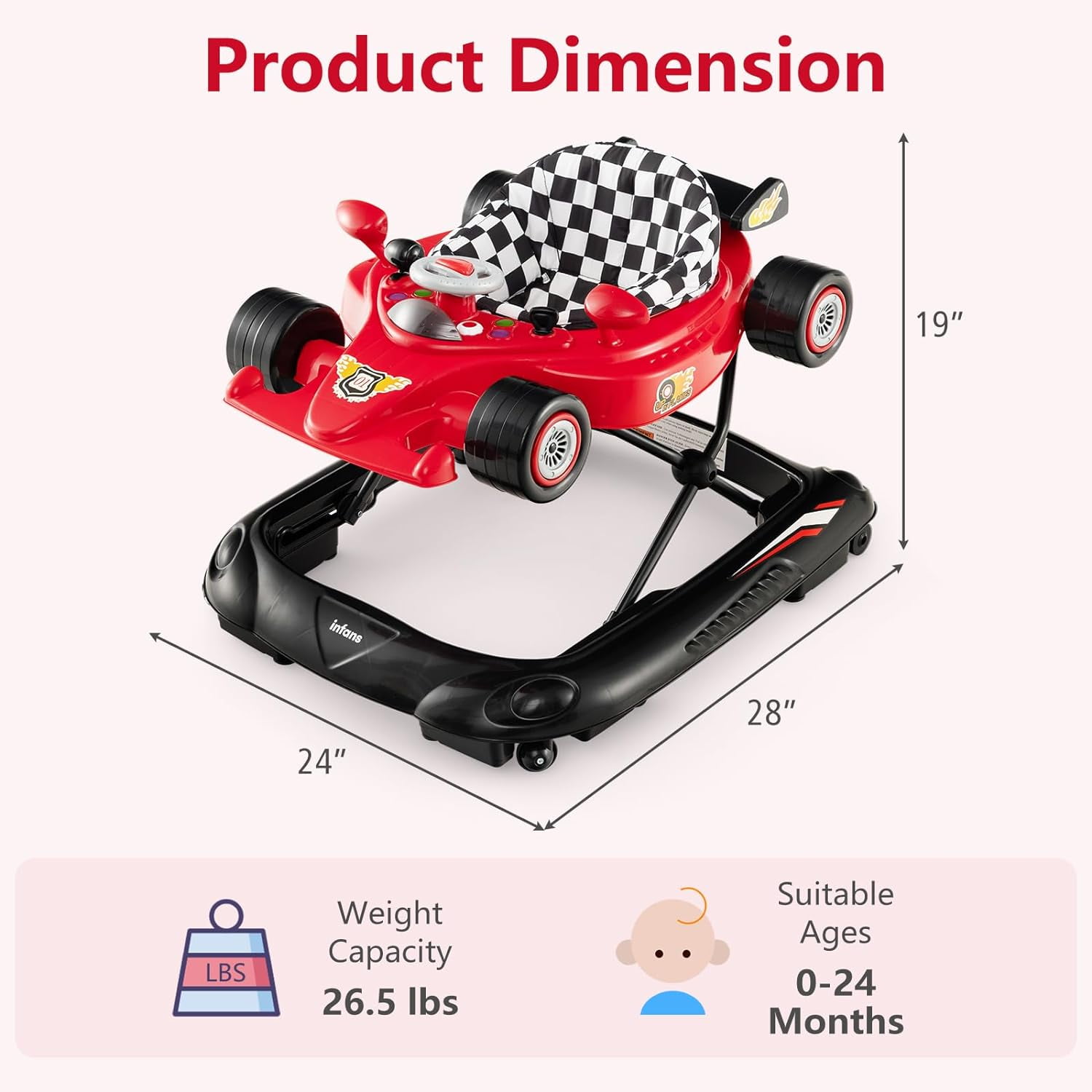 INFANS Foldable Baby Walker, Toddler Activity Center Leaning-Seated Walk-Behind with Steering Wheel, Adjustable Height, Lights, Music, Washable Seat Cushion (Red)