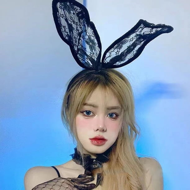 Banda para el cabello de encaje con orejas de conejo negras, banda para el cabello de encaje con forma de bola, tocado de fiesta de gran sentido para mujer