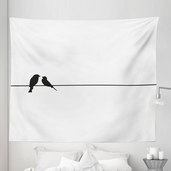Bird on a Wire Tapestry, Minimal Contemporary Love Themed Art with Romantic Dove Silhouettes, Fabric Wall Hanging Decor for Bedroom Living Room Dorm, 5 Sizes, Charcoal Grey White, by Ambesonne