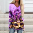 thumbnail image 2 of Resicozy Womens Mardi Gras Shirt Funny Mask Printed Pullover Fashion Party V-Neck Long Sleeve Shirts Top Purple#2 XL, 2 of 5