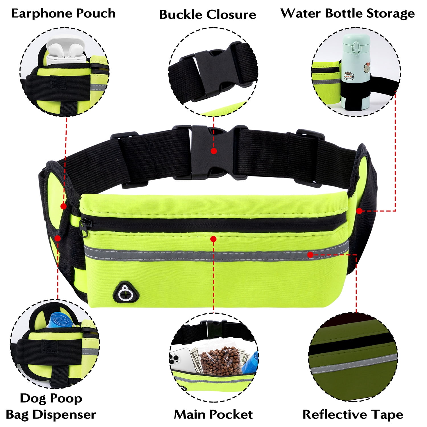 Haooryx Hands Free Dog Leash for Dog Walking Jogging Running, Durable Lead with Pouch Adjustable Belt for Small and Medium Dogs, Green