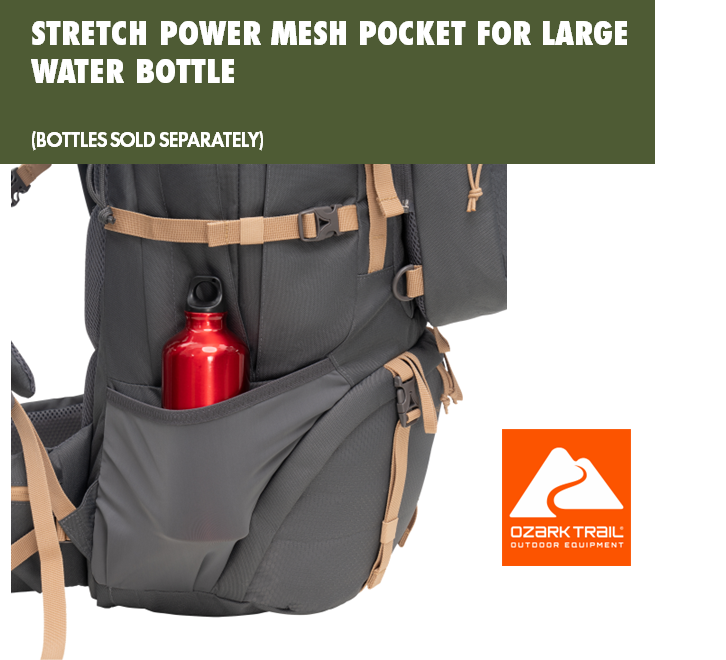 Mochila de senderismo Ozark Trail para adulto de 60L en poliéster 420D hexágono/600D con múltiples bolsillos, tostado y gris 7