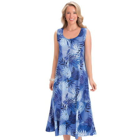 Women's Button Front Palm Leaf Print Sleeveless Tea Length Dress, Easy Fit for Comfort, Xx-Large, Blue Multi