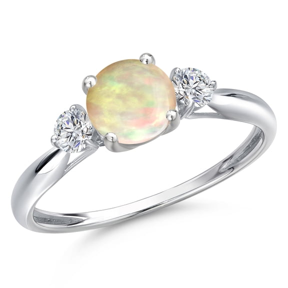 Gem Stone King 10K White Gold White Ethiopian Opal and Lab Grown Diamond 3-Stone Ring for Women | 0.78 Cttw | Round Cabochon 6MM | Gemstone October Birthstone | Size 7