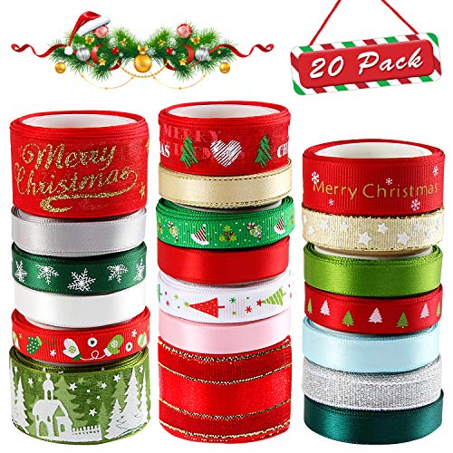 20 Pieces 3 Size Christmas Ribbons for Craft Holiday Printed Grosgrain Organza Satin Ribbons 