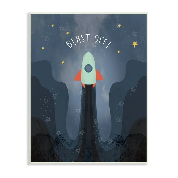 Stupell Industries Blast Off Retro Blue Space Rocket with Stars Outer Space Painting Unframed Art Print Wall Art, 10 x 15