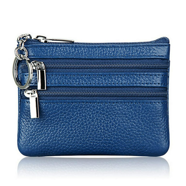 Women's Genuine Leather Coin Purse Mini Pouch Change Wallet with Key Ring Blue