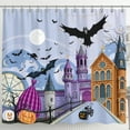 thumbnail image 1 of Whimsical Halloween Cityscape Shower Curtain - Spooky Bats, Pumpkins & Full Moon, 1 of 4
