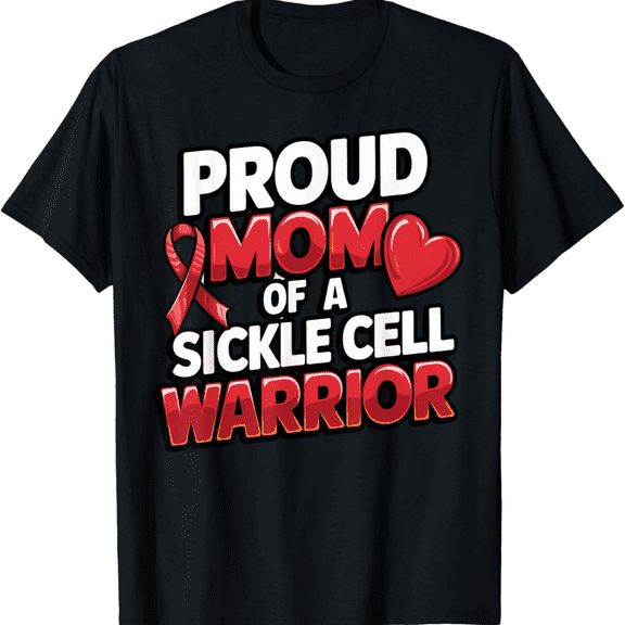 Proud Mom of a Sickle Cell Warrior Awareness T-Shirt, Red Ribbon Heart Support Graphic Tee, Women's Short Sleeve Cotton Top, Sickle Cell Disease Advocacy Apparel