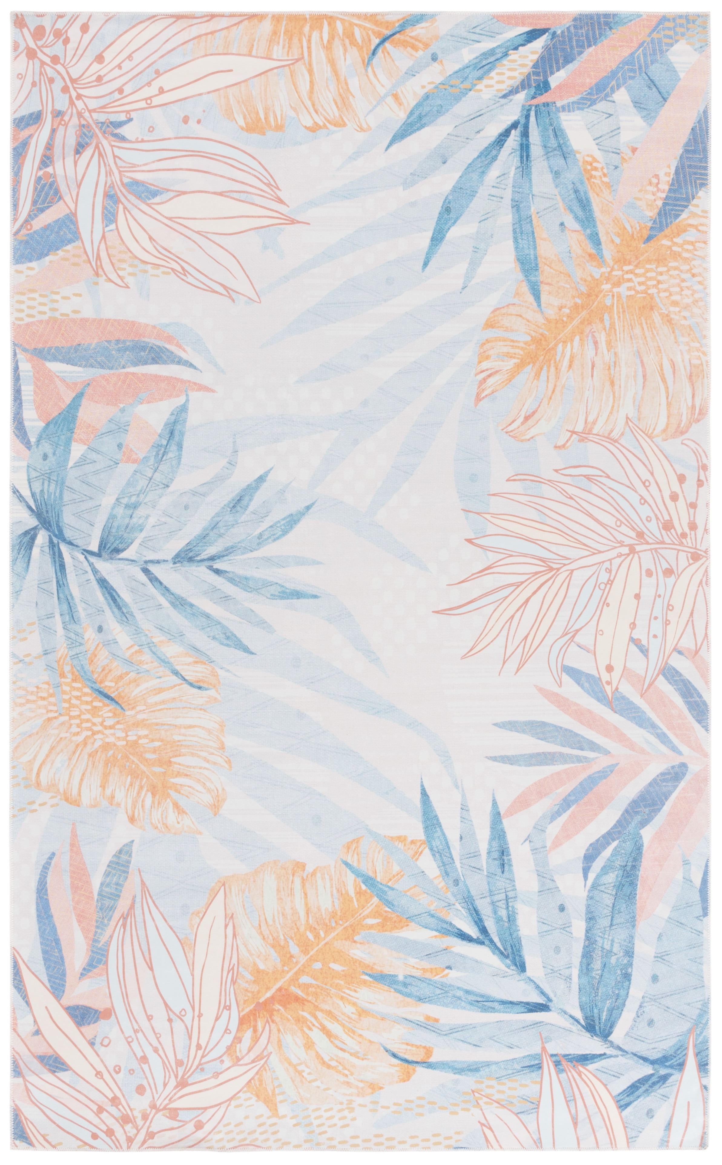 SAFAVIEH Malibu Daffodil Leaves Polyester Machine Washable Area Rug, Light Blue/Beige, 3' x 5'