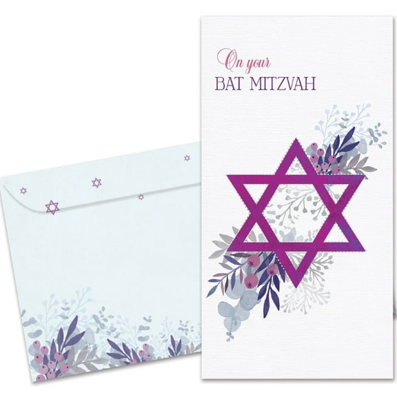 Tree-Free Greetings Bat Mitzvah Money Holder Greeting Card, 3.7 x 7, Pink Floral Star (ZO70345)