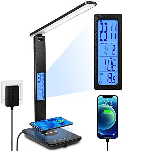 Built-in Clock Calendar Desk Lamp with Wireless Charger LED Desk Lamp Suitable for Home Office Dimmable Desk Lamp Thermometer and Automatic Timing Reading Desk Lamp. with USB Charging Port