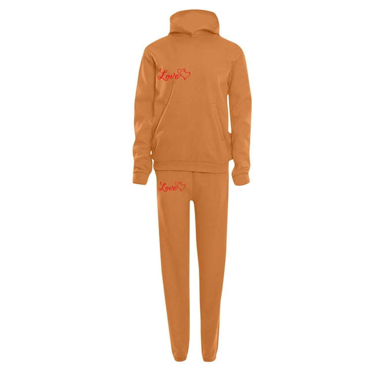 RQYYD Women's 2023 Valentine's Day Two Piece Outfit Love Heart Print Long  Sleeve Hoodie Sweatsuits and Long Pants Hooded Tracksuit Orange L 