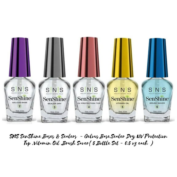 SNS SenShine Bases & Sealers - Gelous Base,Sealer Dry UV Protection Top ,Vitamin Oil ,Brush Saver( 5 Bottle Set - 0.5 oz each )