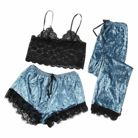 

Pajama Set For Women Woman Pajama Set Women Sexy Three-Piece Pajamas Lace Velvet Solid Color Lace Three-Piece Pajamas Nightdress Sleepwear Blue